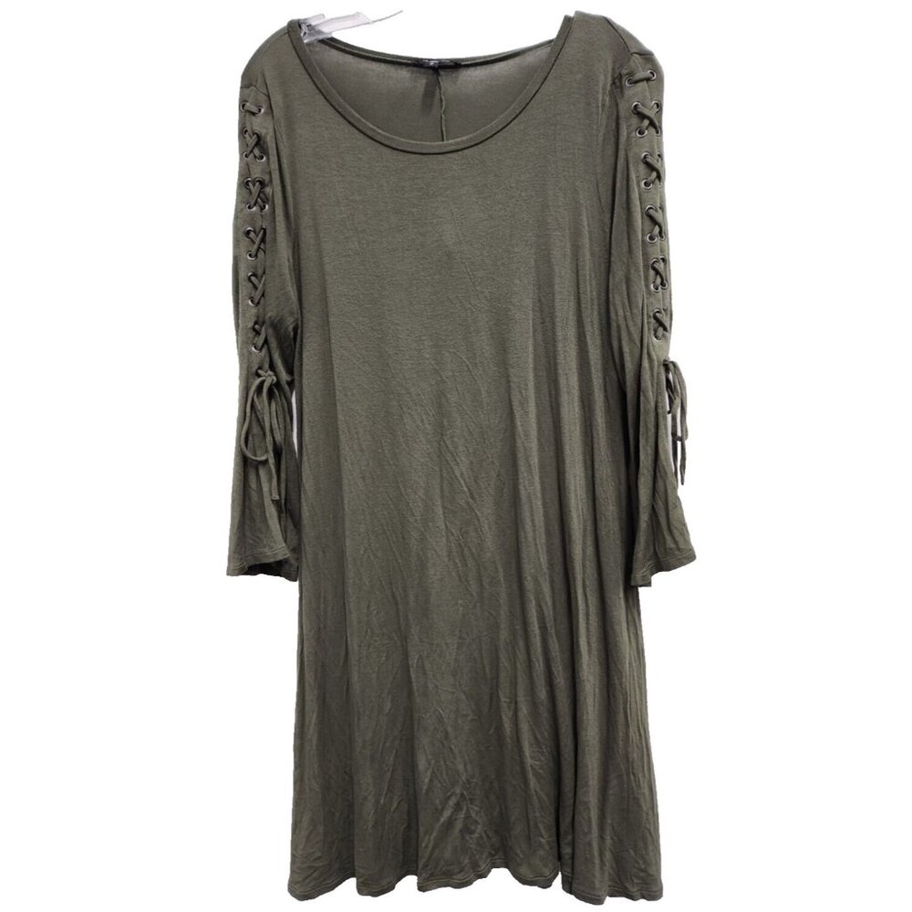 Express Womens BOHO Shift Dress Medium Olive Green Lace Up Long Sleeve Festival